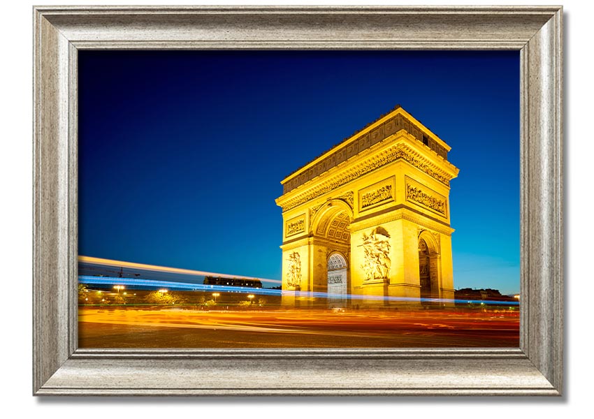 Framed print of the Arc De Triomphe 5, showcasing intricate details and vibrant colors, ready to hang.