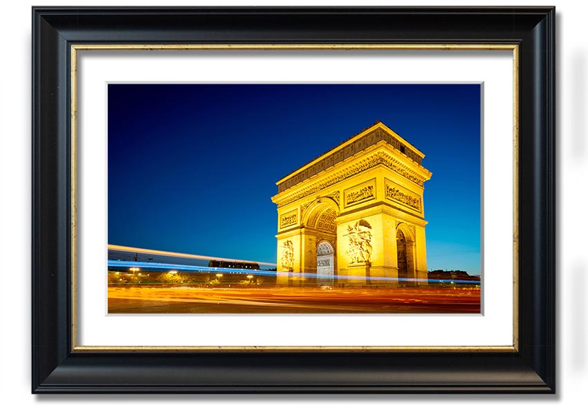 Framed print of the Arc De Triomphe 5, showcasing intricate details and vibrant colors, ready to hang.