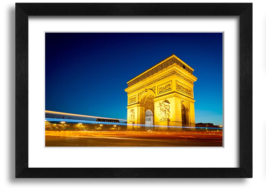 Framed print of the Arc De Triomphe 5, showcasing intricate details and vibrant colors, ready to hang.