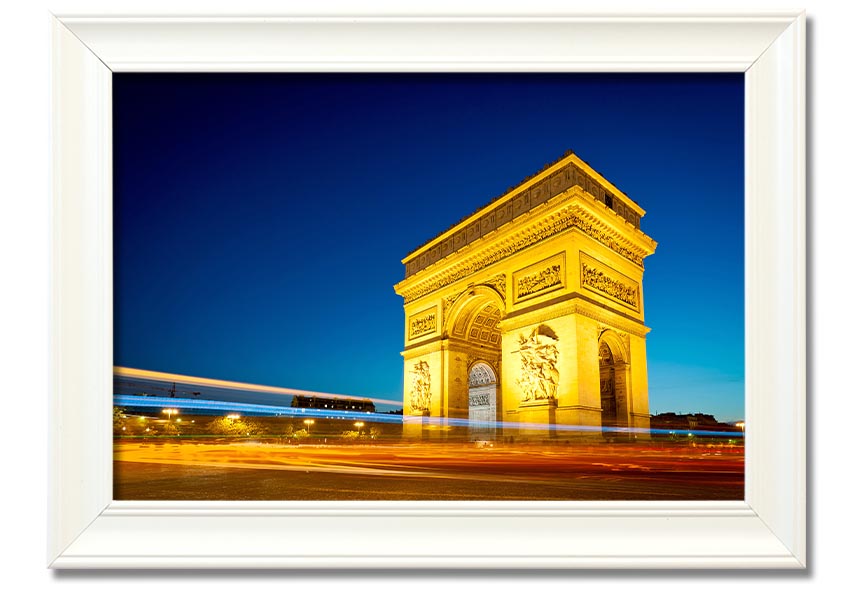 Framed print of the Arc De Triomphe 5, showcasing intricate details and vibrant colors, ready to hang.