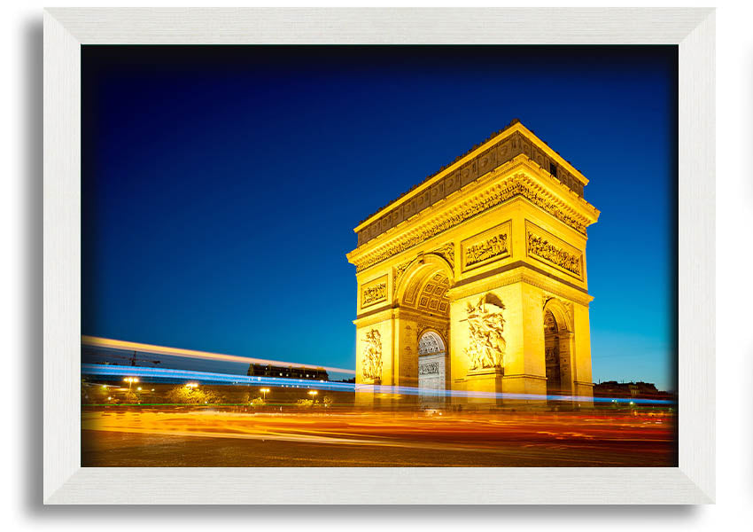 Framed print of the Arc De Triomphe 5, showcasing intricate details and vibrant colors, ready to hang.