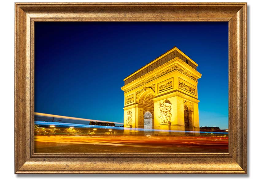 Framed print of the Arc De Triomphe 5, showcasing intricate details and vibrant colors, ready to hang.