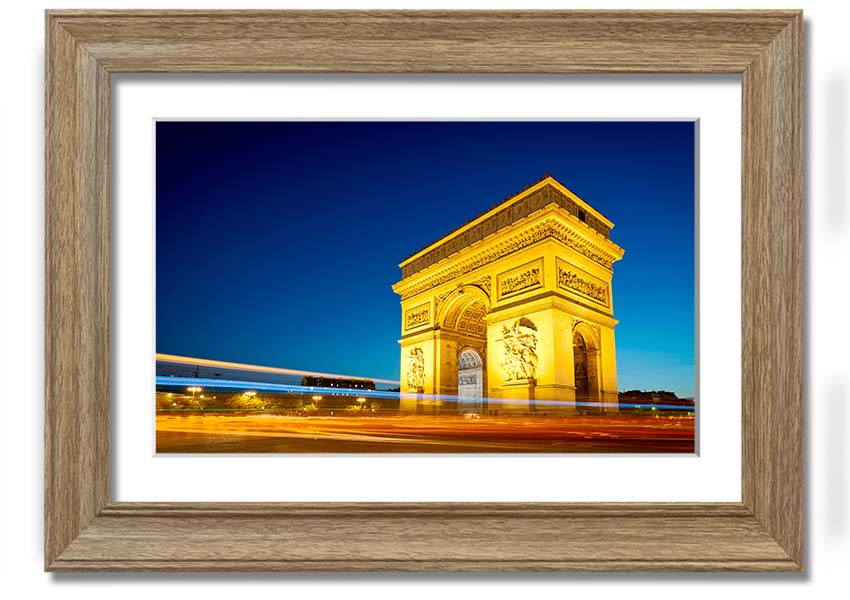 Framed print of the Arc De Triomphe 5, showcasing intricate details and vibrant colors, ready to hang.