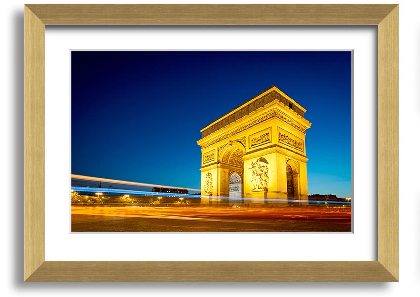 Framed print of the Arc De Triomphe 5, showcasing intricate details and vibrant colors, ready to hang.