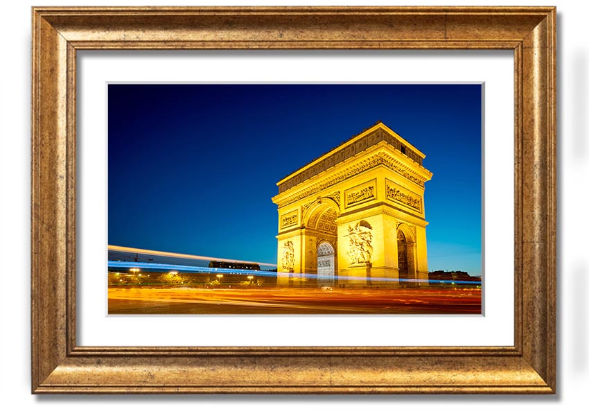 Framed print of the Arc De Triomphe 5, showcasing intricate details and vibrant colors, ready to hang.