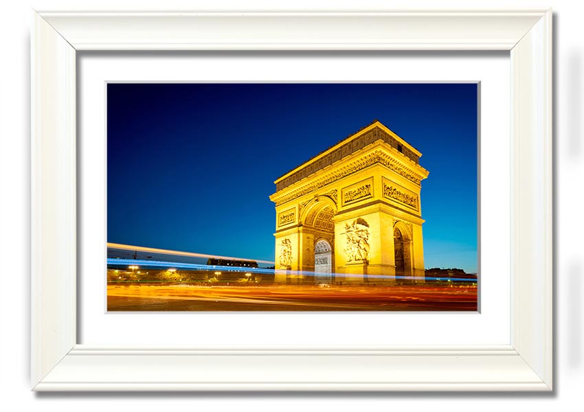 Framed print of the Arc De Triomphe 5, showcasing intricate details and vibrant colors, ready to hang.