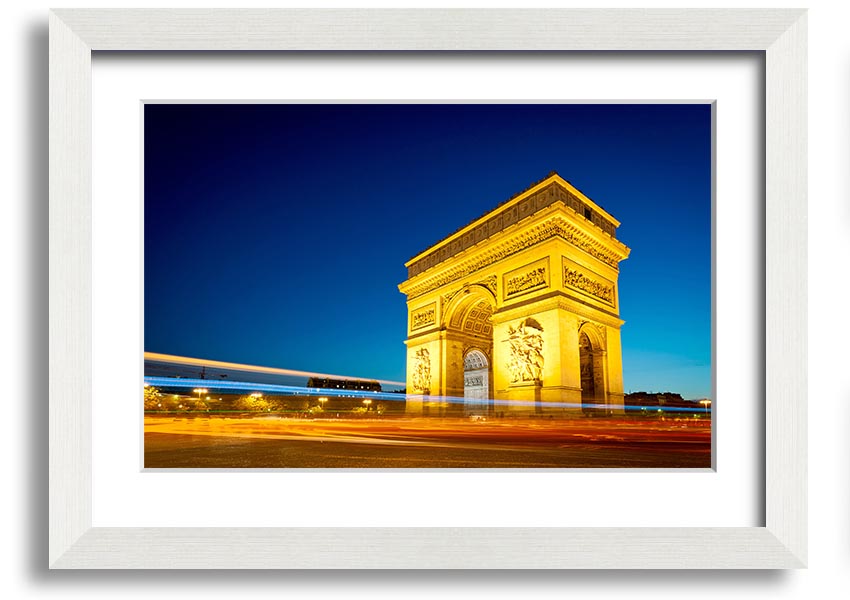 Framed print of the Arc De Triomphe 5, showcasing intricate details and vibrant colors, ready to hang.