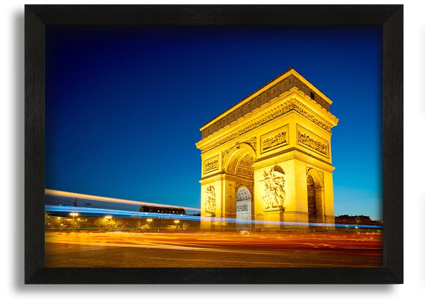 Framed print of the Arc De Triomphe 5, showcasing intricate details and vibrant colors, ready to hang.