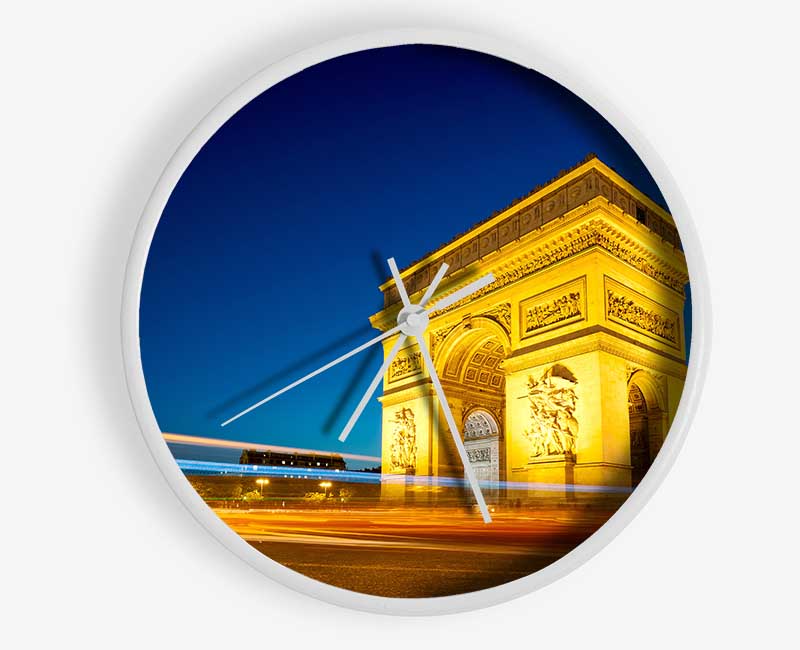 Arc De Triomphe 5 bamboo clock with a round face, available in black, white, and natural frame colors, featuring a clear Plexiglas lens.