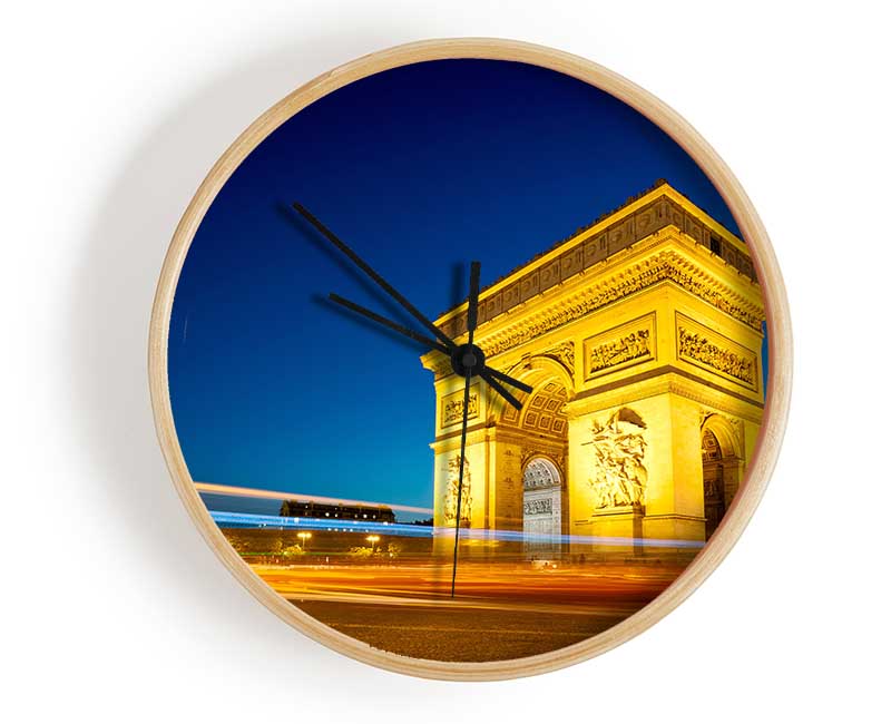 Arc De Triomphe 5 bamboo clock with a round face, available in black, white, and natural frame colors, featuring a clear Plexiglas lens.