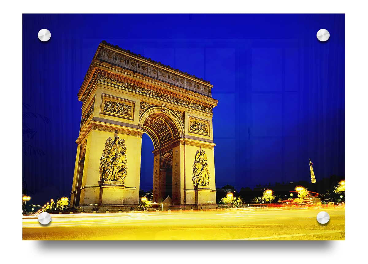 Acrylic print of the Arc De Triomphe, showcasing vibrant colors and intricate details on 5mm thick acrylic glass.