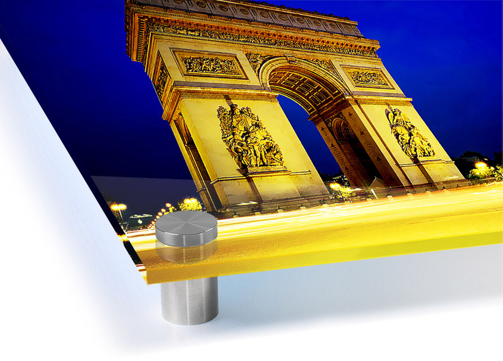 Acrylic print of the Arc De Triomphe, showcasing vibrant colors and intricate details on 5mm thick acrylic glass.