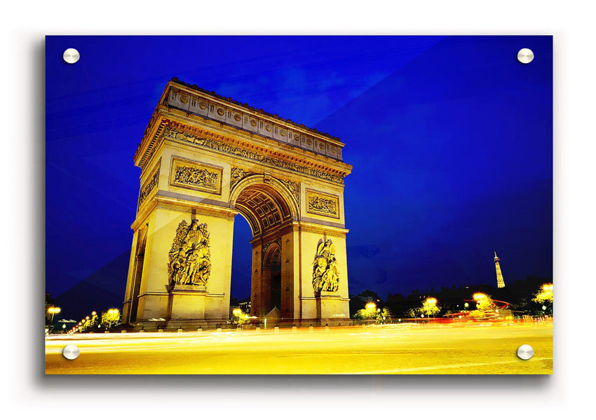 Acrylic print of the Arc De Triomphe, showcasing vibrant colors and intricate details on 5mm thick acrylic glass.