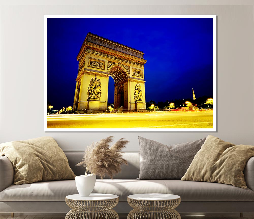 A high-quality canvas poster of the Arc De Triomphe, showcasing its architectural beauty and vibrant colors.