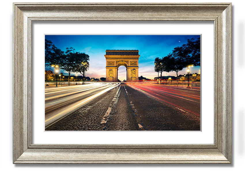 Framed print of the Arc De Triomphe, showcasing intricate details and vibrant colors, available in various frame options.