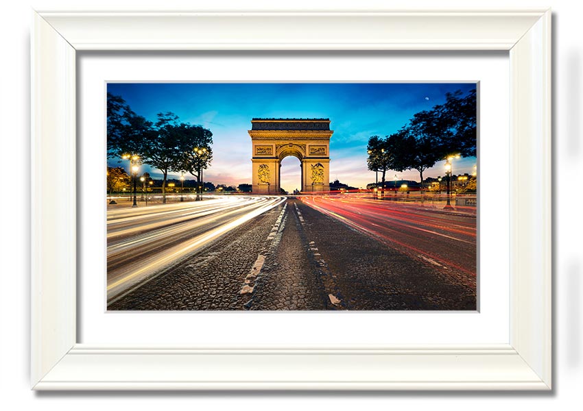 Framed print of the Arc De Triomphe, showcasing intricate details and vibrant colors, available in various frame options.