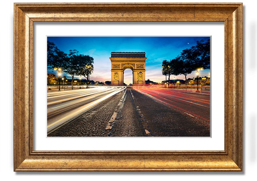 Framed print of the Arc De Triomphe, showcasing intricate details and vibrant colors, available in various frame options.