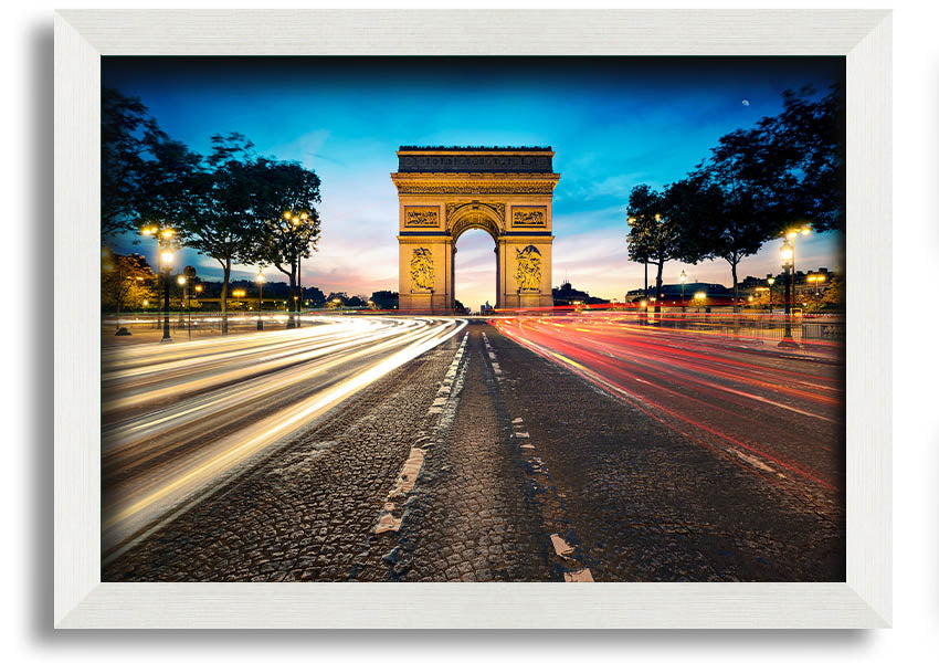 Framed print of the Arc De Triomphe, showcasing intricate details and vibrant colors, available in various frame options.