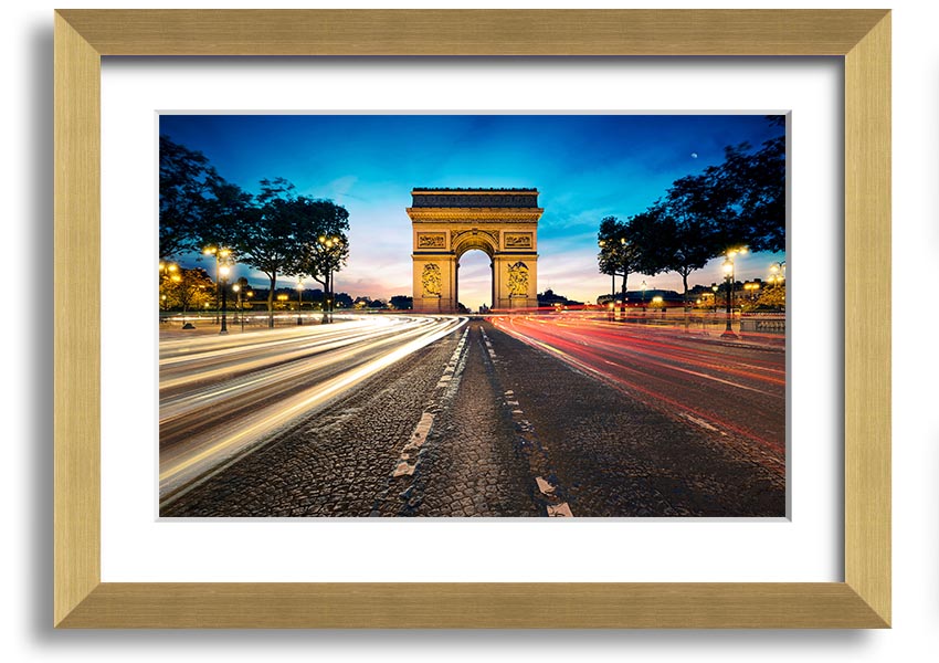 Framed print of the Arc De Triomphe, showcasing intricate details and vibrant colors, available in various frame options.