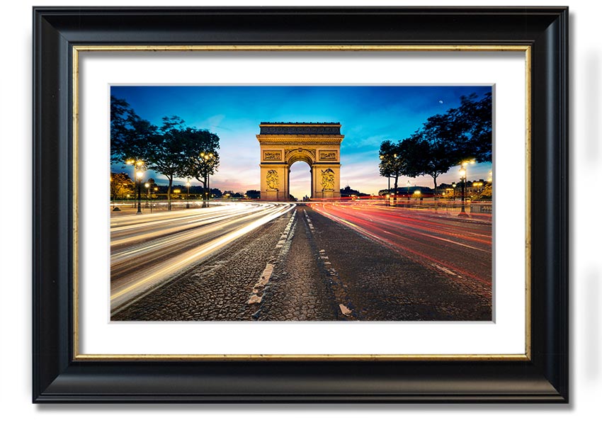 Framed print of the Arc De Triomphe, showcasing intricate details and vibrant colors, available in various frame options.