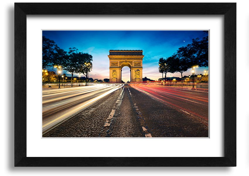 Framed print of the Arc De Triomphe, showcasing intricate details and vibrant colors, available in various frame options.