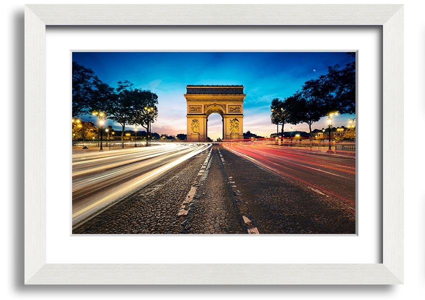 Framed print of the Arc De Triomphe, showcasing intricate details and vibrant colors, available in various frame options.