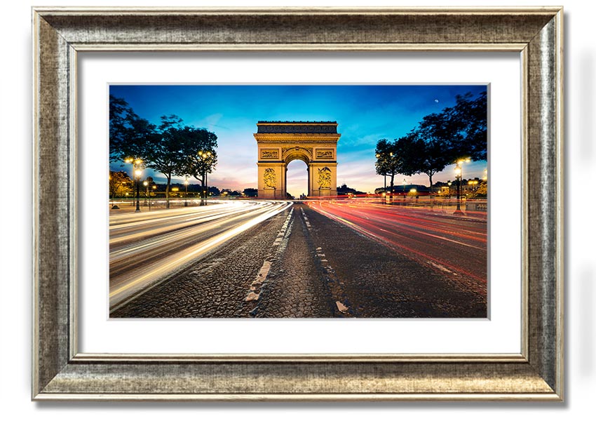 Framed print of the Arc De Triomphe, showcasing intricate details and vibrant colors, available in various frame options.