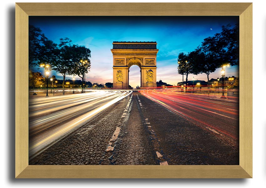 Framed print of the Arc De Triomphe, showcasing intricate details and vibrant colors, available in various frame options.