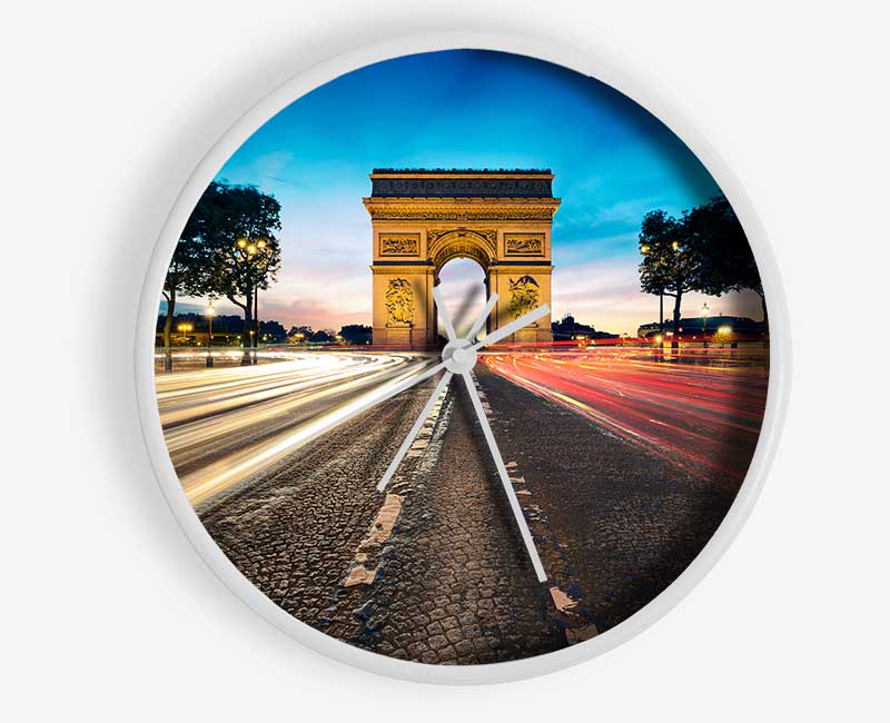 Arc De Triomphe 8 clock made from natural bamboo with a round face, available in black, white, and natural frame colors.