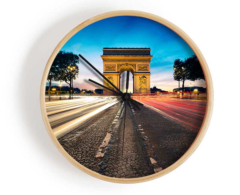 Arc De Triomphe 8 clock made from natural bamboo with a round face, available in black, white, and natural frame colors.