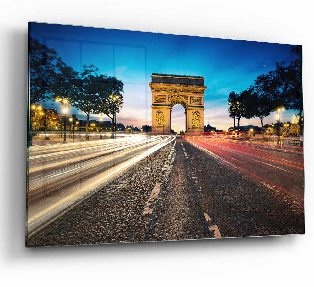 A modern glass print of the Arc De Triomphe, showcasing vibrant colors and intricate details, perfect for home decor.