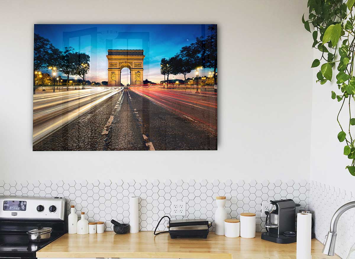 A modern glass print of the Arc De Triomphe, showcasing vibrant colors and intricate details, perfect for home decor.