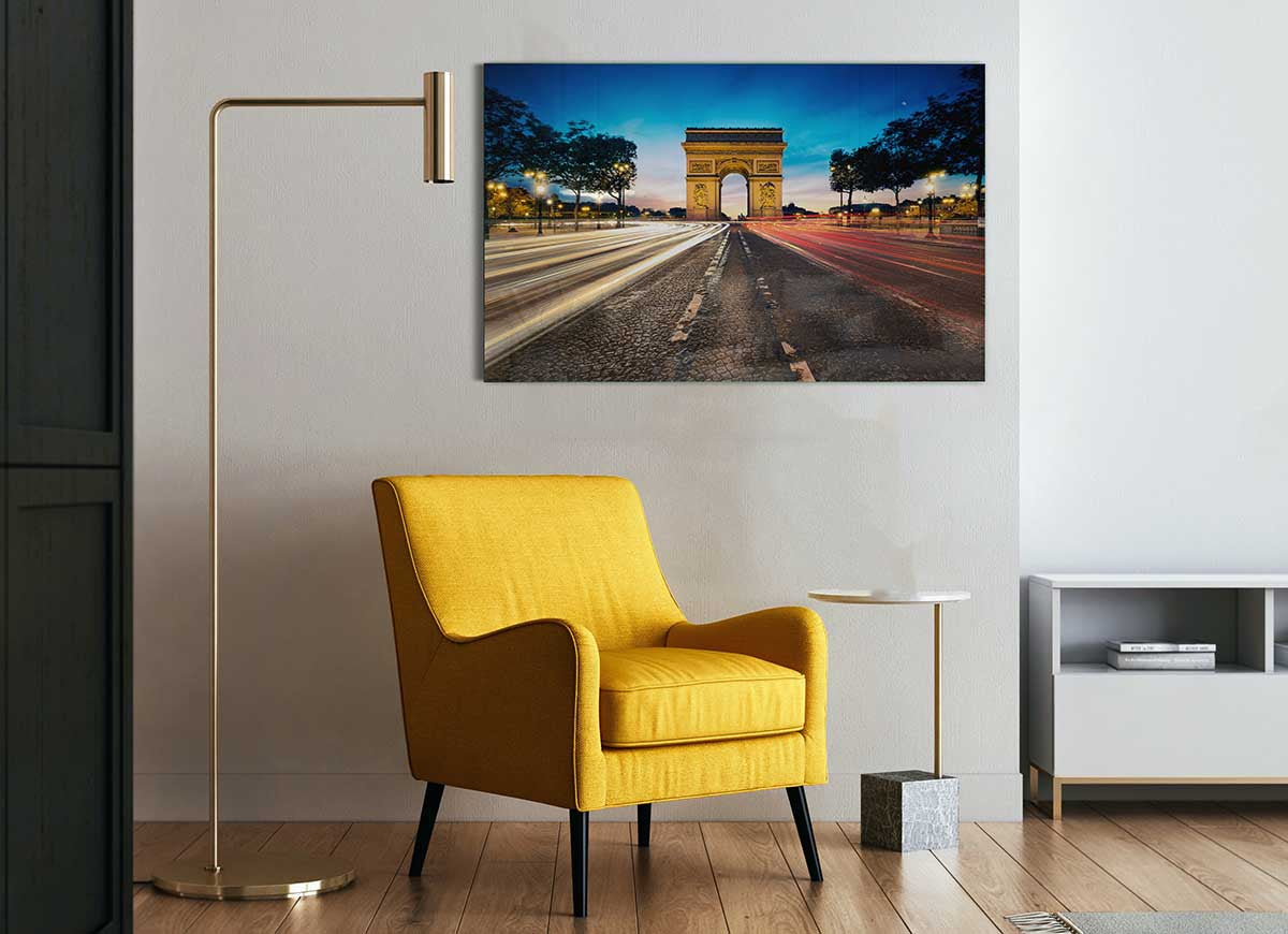 A modern glass print of the Arc De Triomphe, showcasing vibrant colors and intricate details, perfect for home decor.