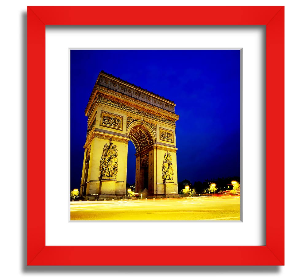 A beautifully framed print of the Arc De Triomphe, showcasing intricate details and vibrant colors, ready to hang.