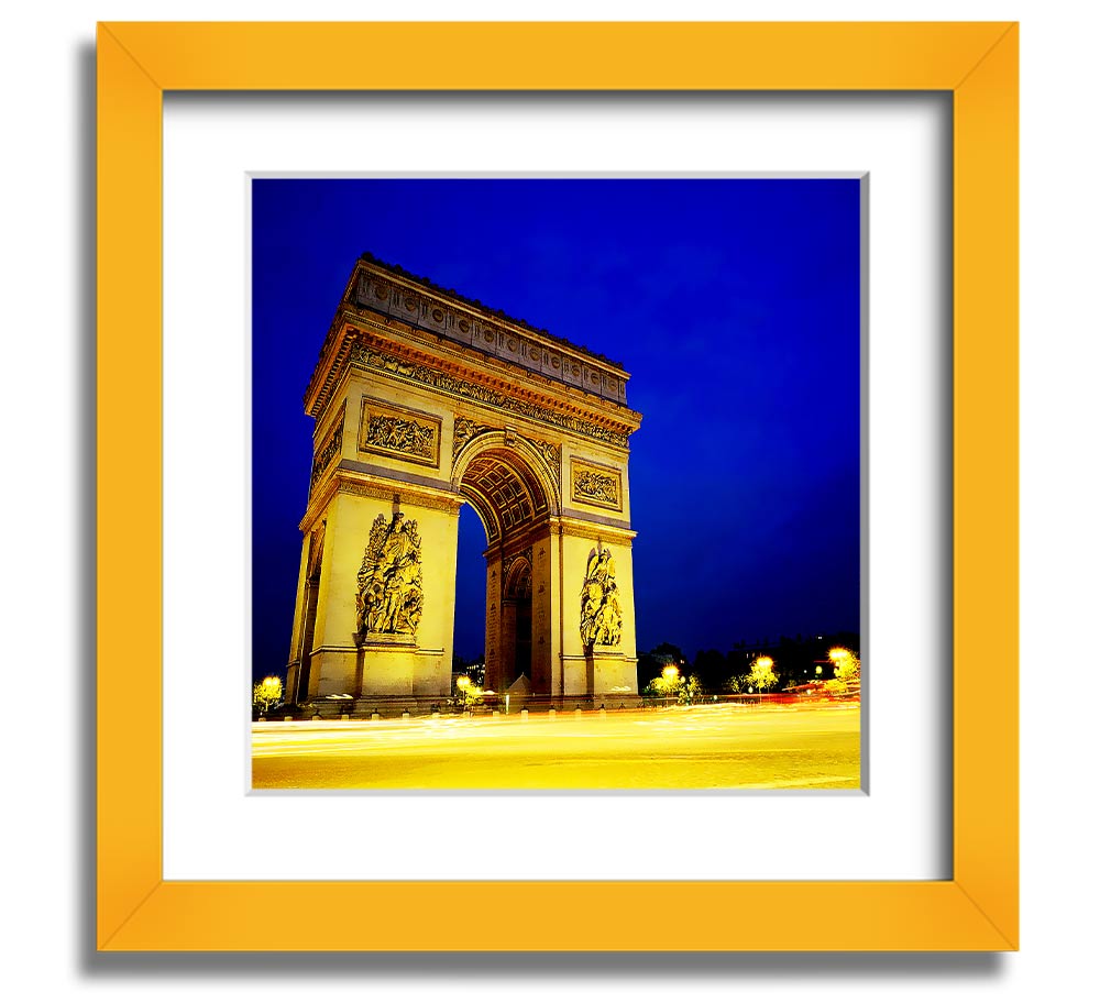 A beautifully framed print of the Arc De Triomphe, showcasing intricate details and vibrant colors, ready to hang.