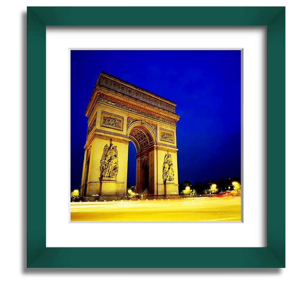 A beautifully framed print of the Arc De Triomphe, showcasing intricate details and vibrant colors, ready to hang.