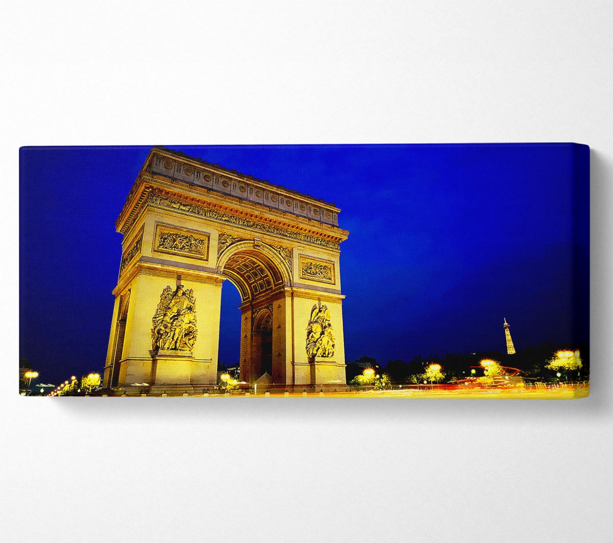 A beautifully printed canvas of the Arc De Triomphe, mounted on a 44mm box frame, showcasing vibrant colors and intricate details.