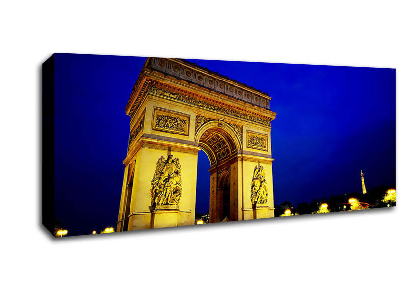 A beautifully printed canvas of the Arc De Triomphe, mounted on a 44mm box frame, showcasing vibrant colors and intricate details.