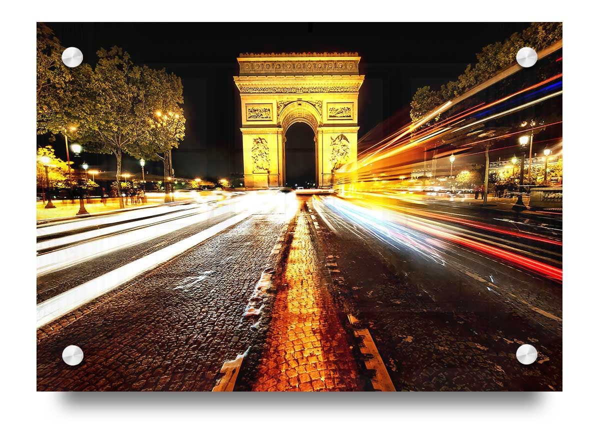 Acrylic print of the Arc De Triomphe illuminated at night, showcasing vibrant colors and intricate details.