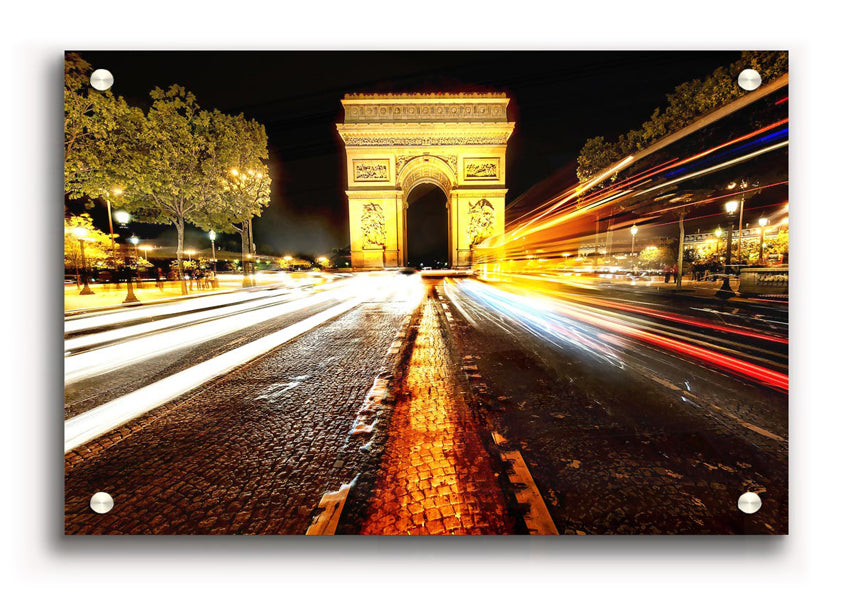 Acrylic print of the Arc De Triomphe illuminated at night, showcasing vibrant colors and intricate details.