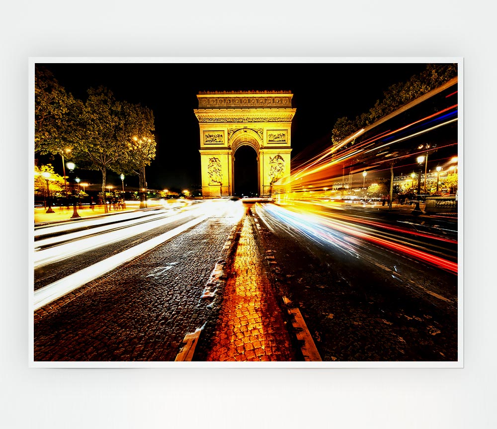 A beautifully illuminated Arc De Triomphe at night, showcasing its grandeur against a dark sky.