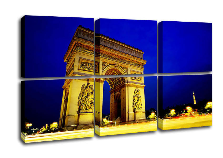 A vibrant canvas print of the Arc De Triomphe, mounted on a 44mm box frame, ready to hang.