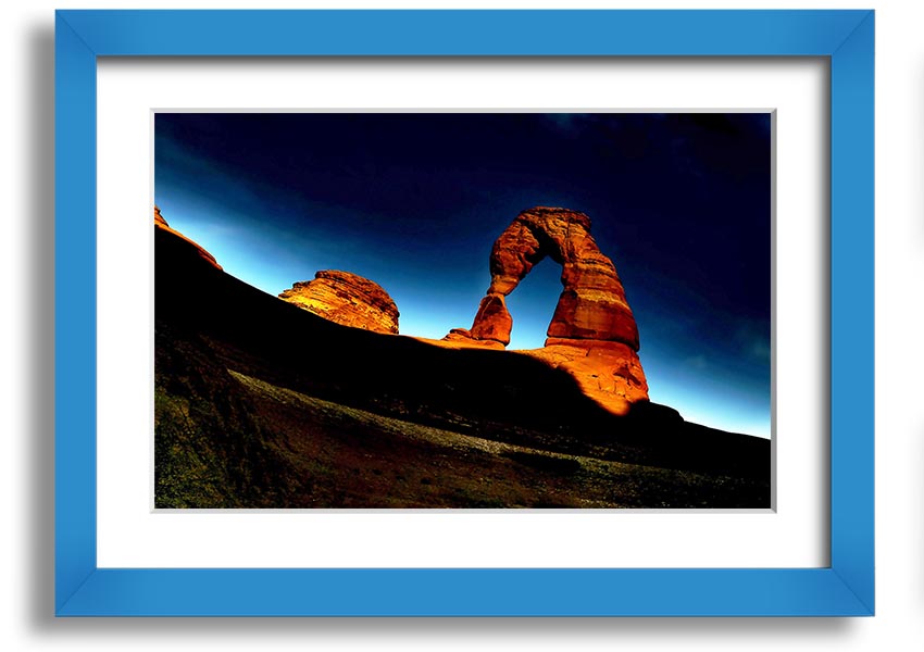 Framed print of Arch Rock at night, showcasing a starry sky and natural beauty, available in various frame colors.