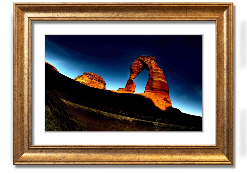 Framed print of Arch Rock at night, showcasing a starry sky and natural beauty, available in various frame colors.