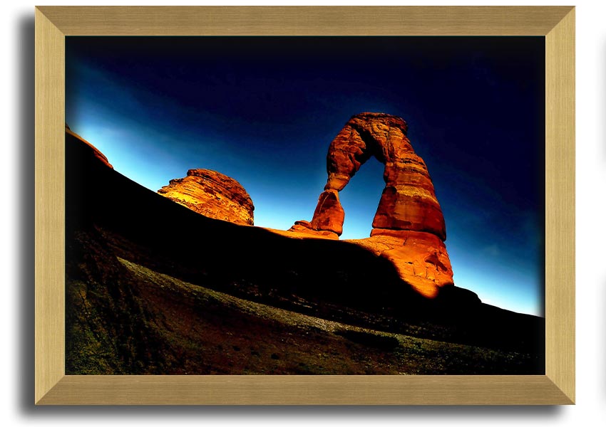 Framed print of Arch Rock at night, showcasing a starry sky and natural beauty, available in various frame colors.