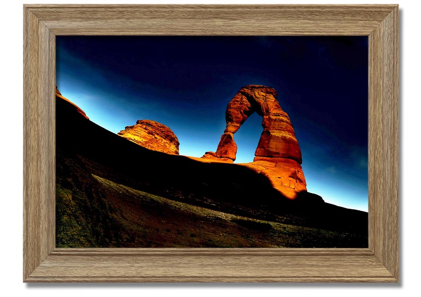 Framed print of Arch Rock at night, showcasing a starry sky and natural beauty, available in various frame colors.