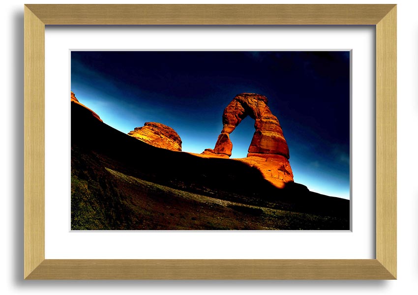 Framed print of Arch Rock at night, showcasing a starry sky and natural beauty, available in various frame colors.