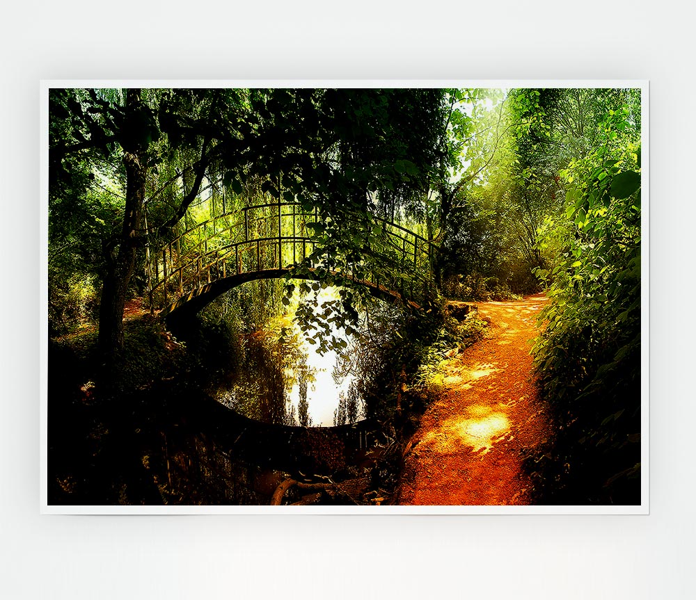 A beautiful canvas print of an arched bridge reflecting in calm waters, showcasing vibrant colors and intricate details.