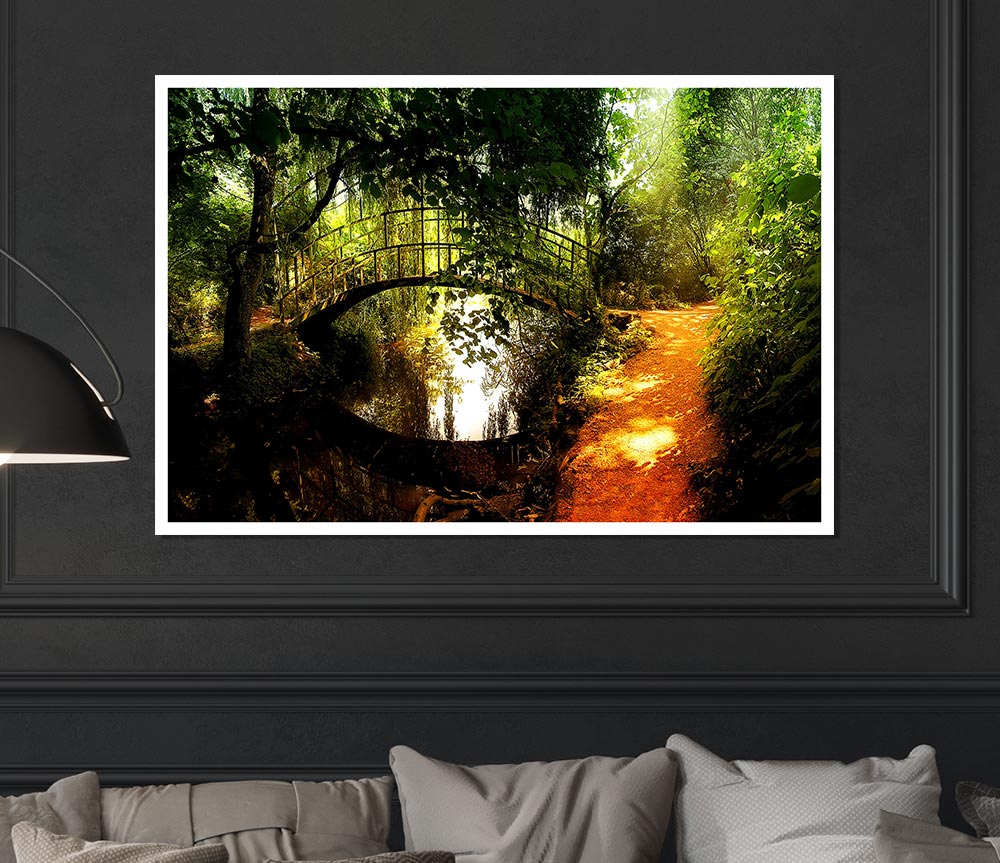 A beautiful canvas print of an arched bridge reflecting in calm waters, showcasing vibrant colors and intricate details.