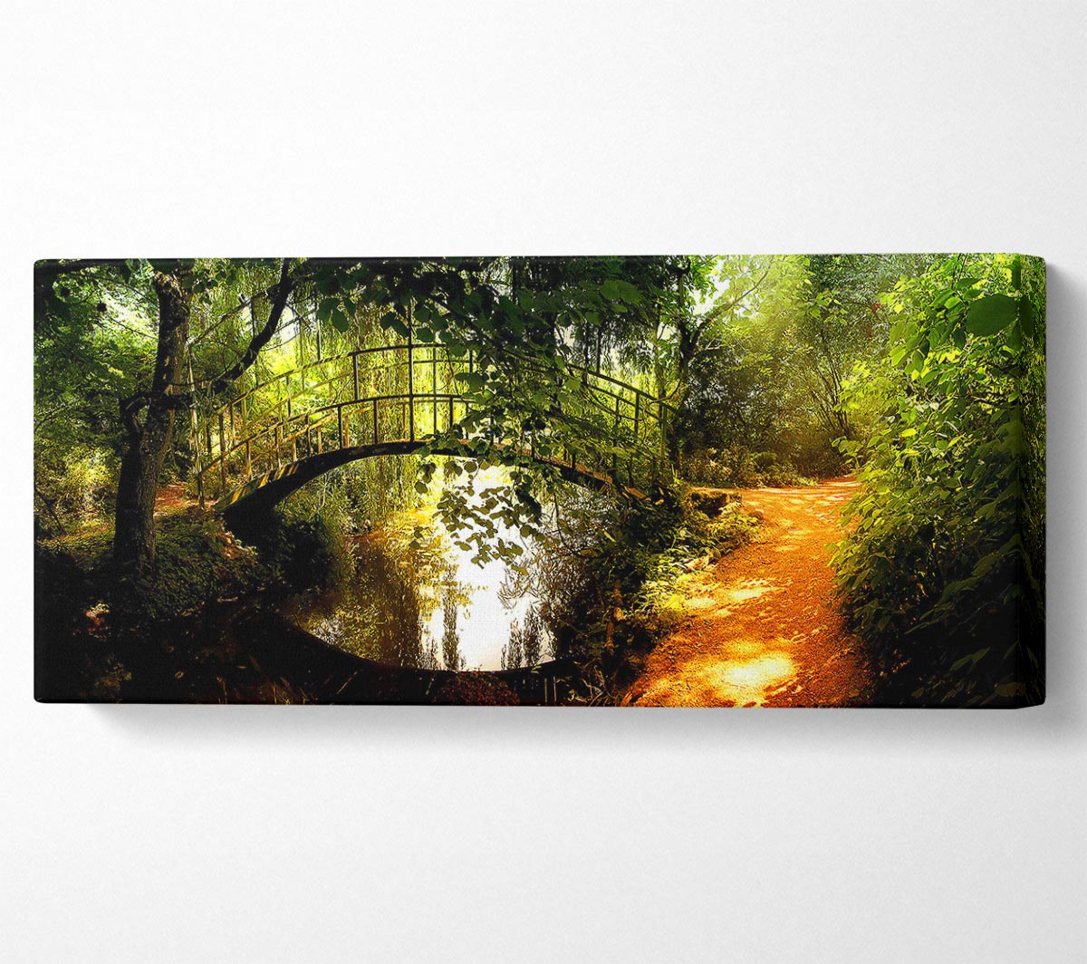 Canvas art featuring an arched bridge reflection, mounted on a box frame, ready to hang.